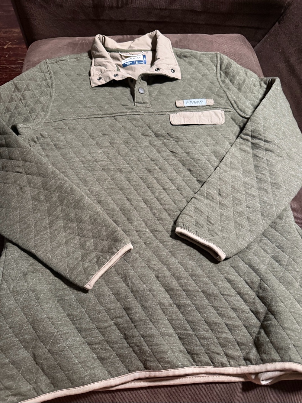 Magellan Outdoors Olive Quilted Pullover with Cream Trim